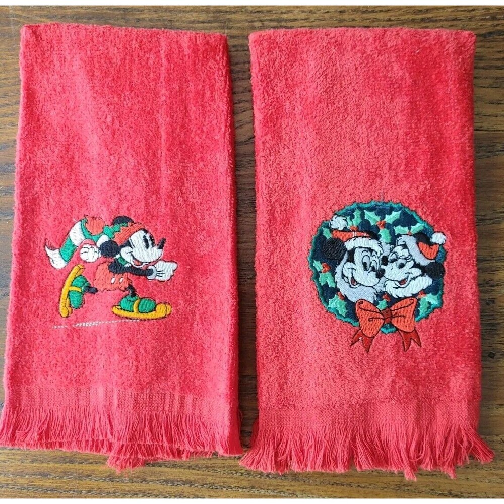 Vint Disney Mickey Minnie Christmas (2) Hand Towels 16x11 Wreath, Skating, onRed